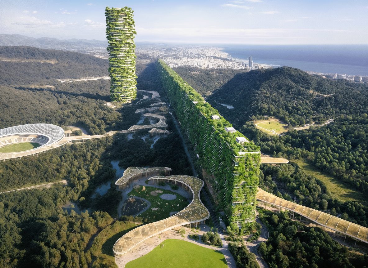 Torres verdes y pasarelas sobre un valle boscoso frente al mar