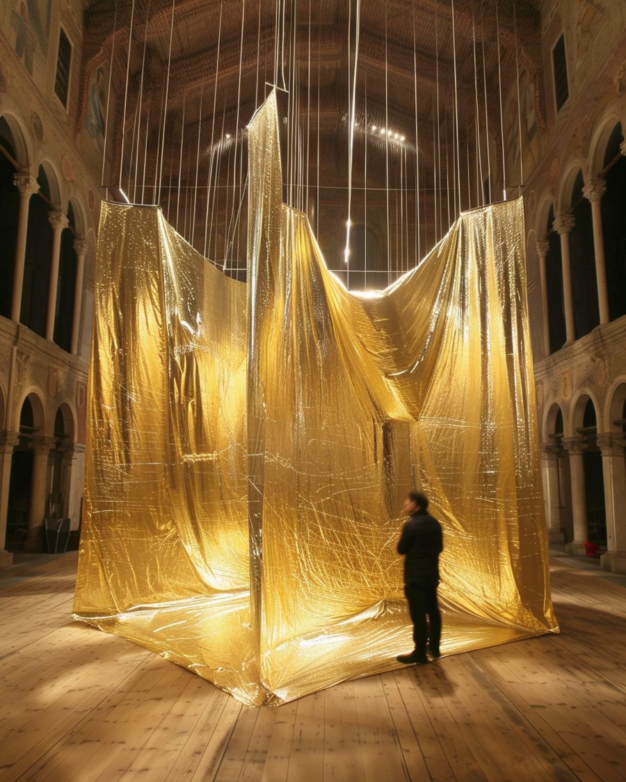 Instalación de lámina dorada suspendida en una sala histórica